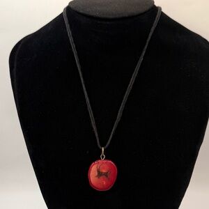 Red Coral Stone Pendant Black Leather Necklace w/Silver Tone Clasp 16.5"